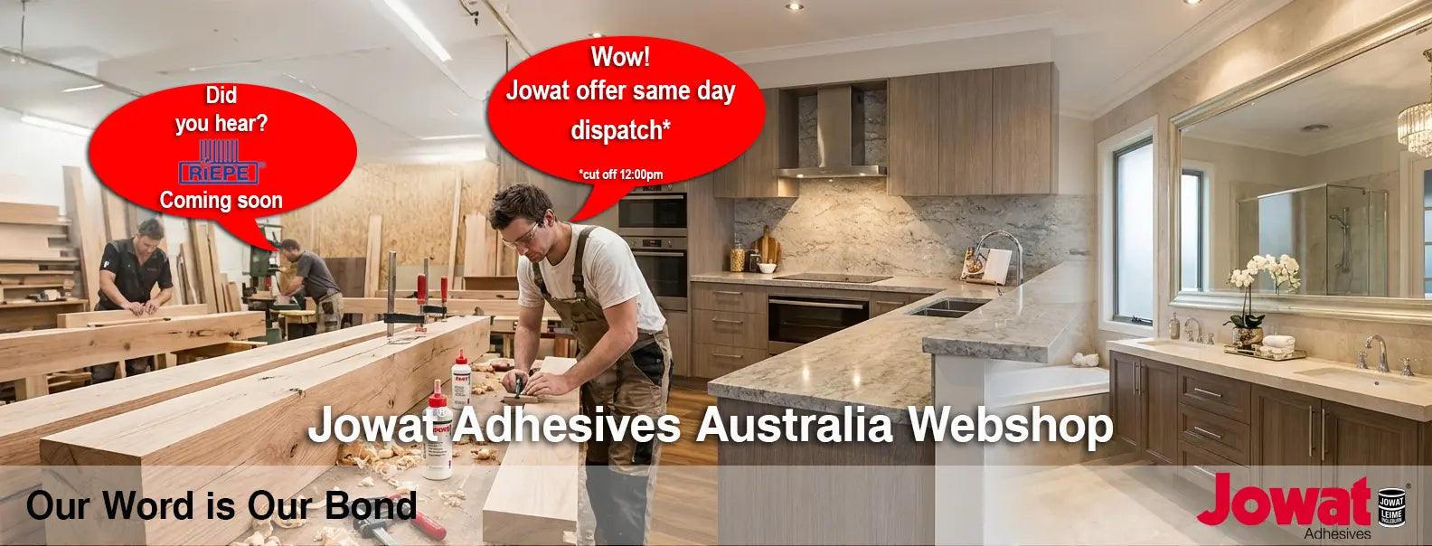 Modern kitchen with Jowat Adhesives branding and promotional text.